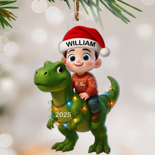 3D Effect Cute Cartoon Kid With Dinosaur Christmas - Personalized Acrylic Ornament - Unique Gift For Grandkids