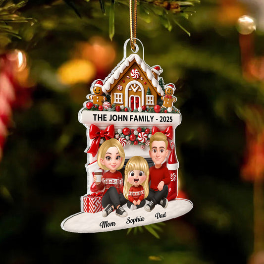 Family Sitting by the Fireplace Personalized Acrylic Ornament - Christmas Gift for Mom, Dad, Children