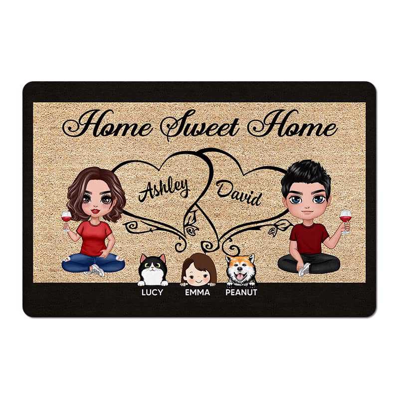 Doll Couple Kids Dogs Cats Sitting Home Sweet Home Personalized Doormat