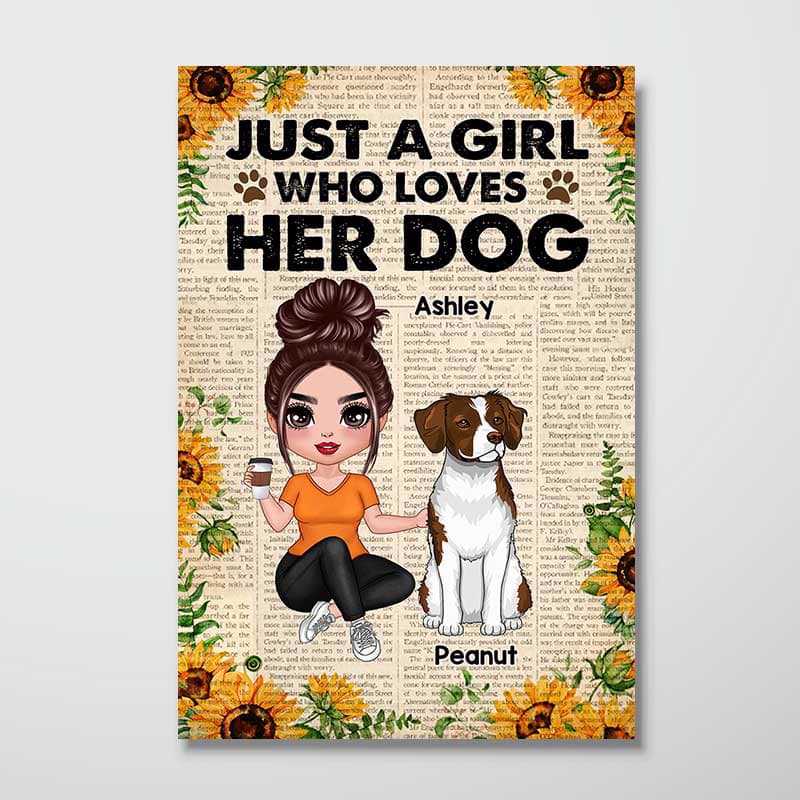 Sunflowers Old Paper Girl Loves Dogs Personalized Vertical Poster