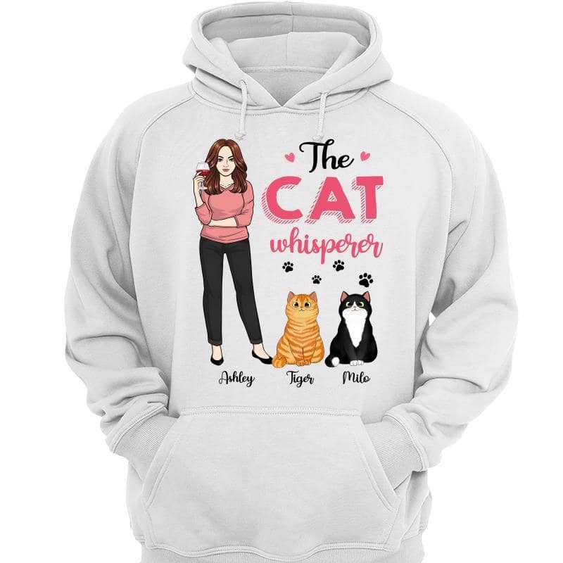 The Cat Whisperer Fluffy Cat & Drinking Woman Personalized Hoodie Sweatshirt