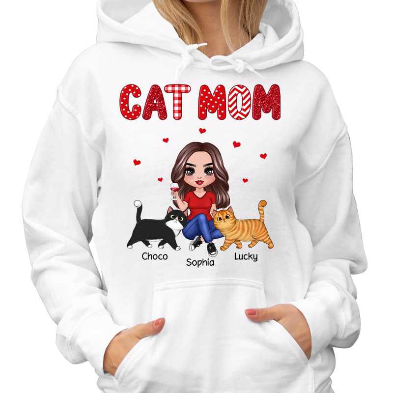 Cat Mom Doll Woman Sitting Walking Cats Personalized Hoodie Sweatshirt