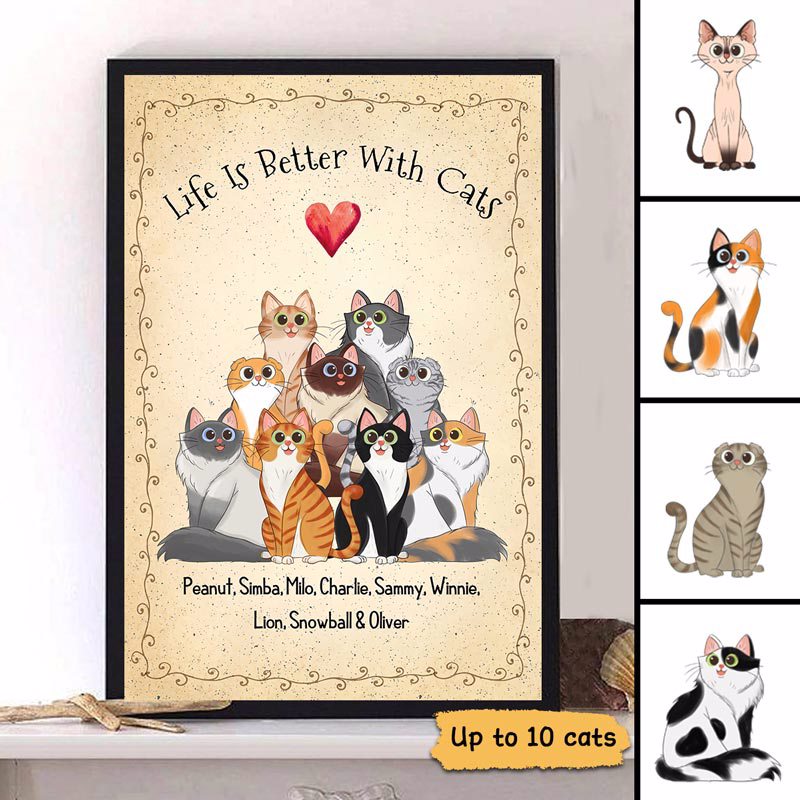 Life Is Better With Cats Sitting Cartoon Personalized Vertical Poster