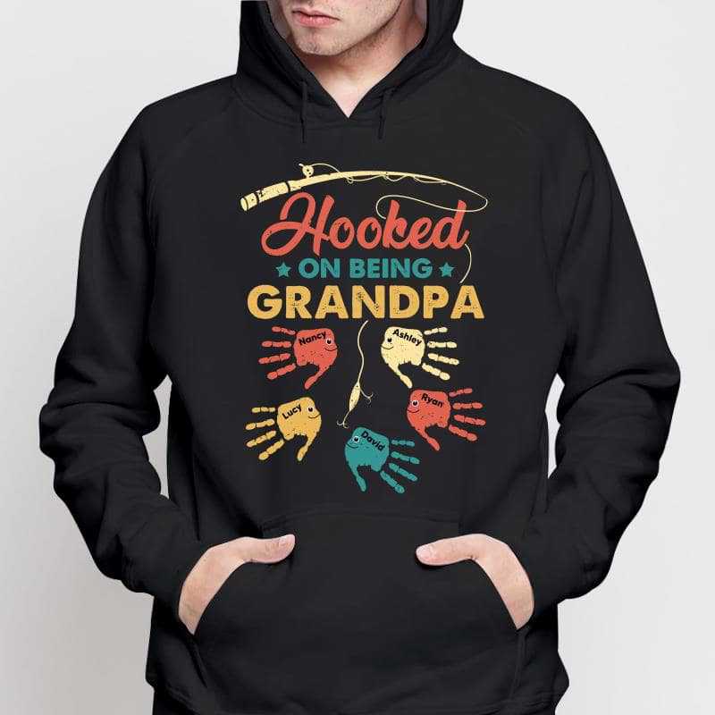 Handprint Fishes Hooked On Being Dad Grandpa Personalized Hoodie Sweatshirt