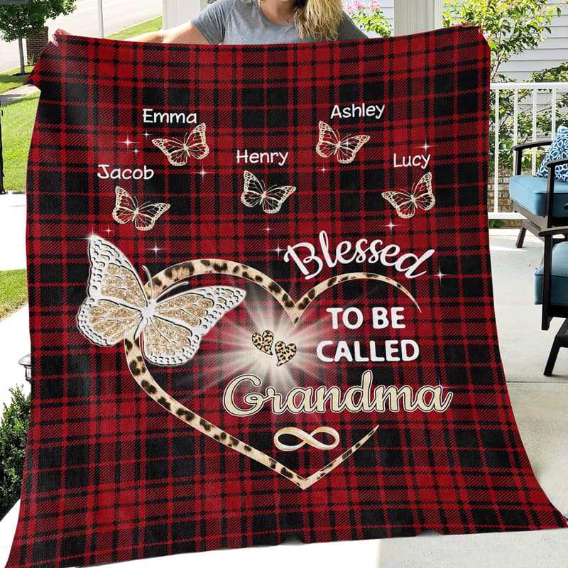 Fleece Blanket Blessed Grandma Mom Butterfly Red Plaid Leopard Personalized Fleece Blanket