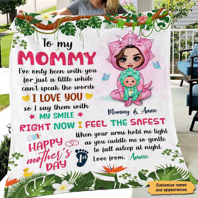 Happy 1st Mother‘s Day Doll Dinosaurs Personalized Fleece Blanket