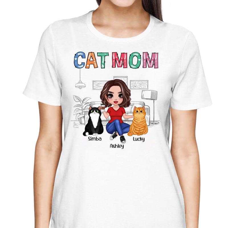 Colorful Pattern Cat Mom Doll Woman Sitting In House Personalized Shirt