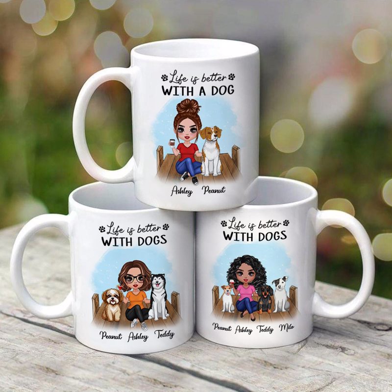 Doll Woman Sitting With Dogs On The Bridge Gift For Dog Mom Personalized Mug