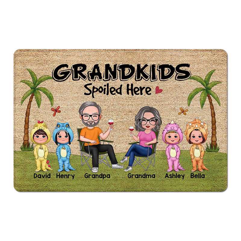 Grandkids Spoiled Here Cute Dinosaur Doll Personalized Doormat