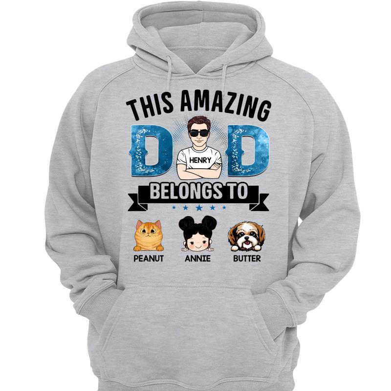 Blue Pattern Amazing Dad Belongs To Kids Dogs Cats Personalized Hoodie Sweatshirt
