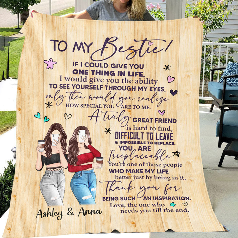 To My Bestie Standing Selfie Girls Wood Texture Personalized Fleece Blanket