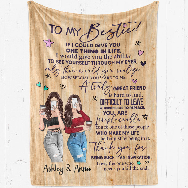 To My Bestie Standing Selfie Girls Wood Texture Personalized Fleece Blanket