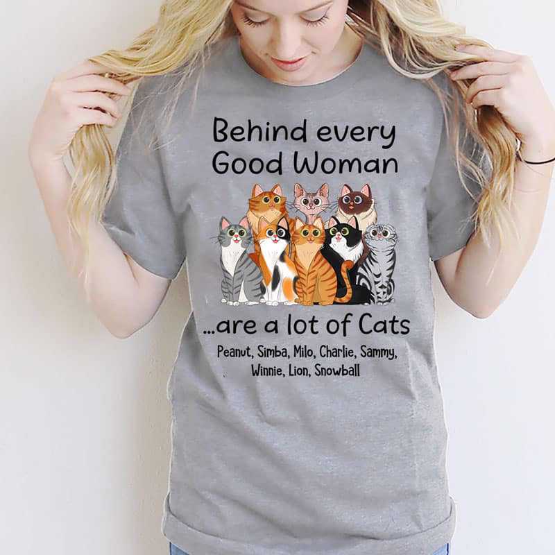 Apparel Behind Good Woman Are Cats Sitting Cartoon Cat Personalized Shirt