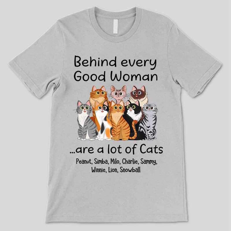 Apparel Behind Good Woman Are Cats Sitting Cartoon Cat Personalized Shirt