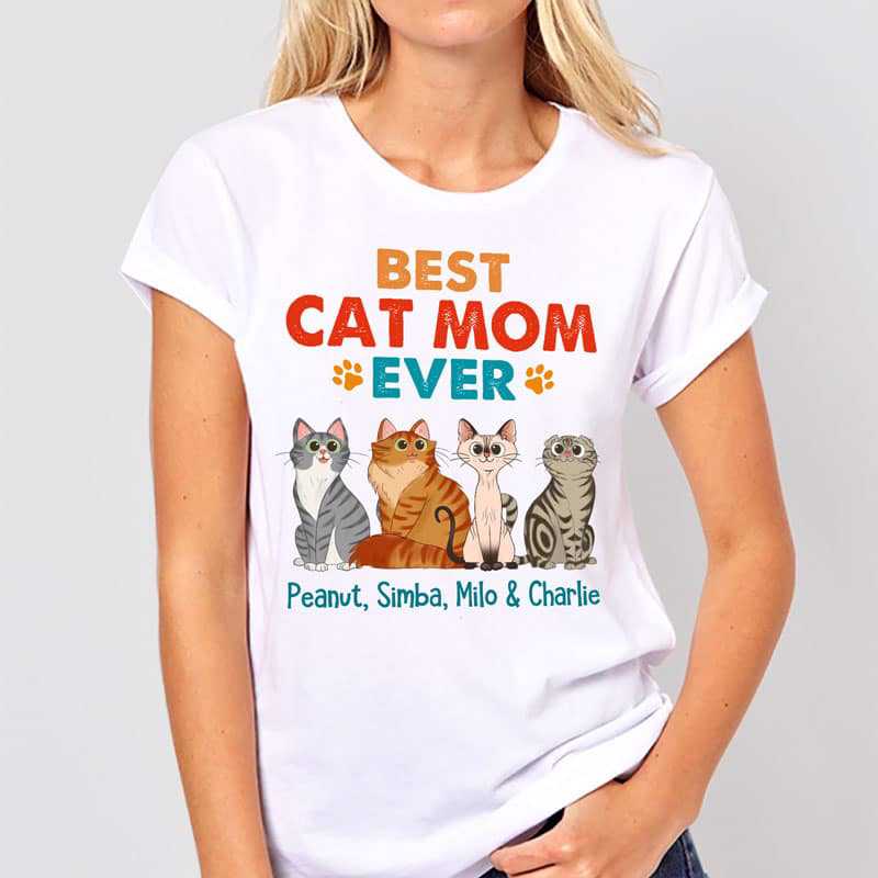 Apparel Best Cat Mom Cat Dad Ever Sitting Cat Cartoon Personalized Shirt