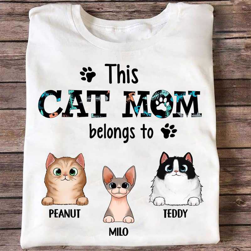 Apparel Cat Mom Belongs To Peeking Fluffy Cat Personalized Shirt Classic Tee / White Classic Tee / S