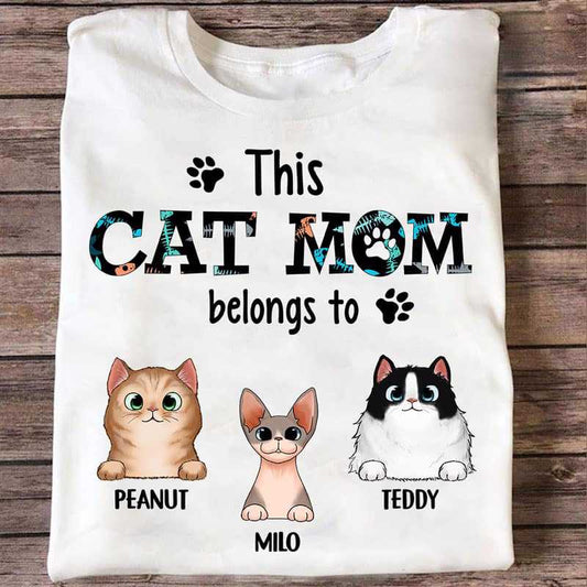 Apparel Cat Mom Belongs To Peeking Fluffy Cat Personalized Shirt Classic Tee / White Classic Tee / S