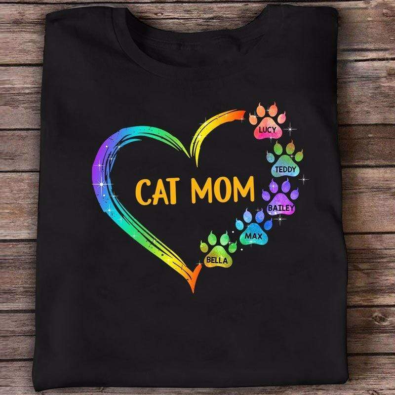 Apparel Cat Mom Paw Hearts Personalized Shirt Classic Tee / Black Classic Tee / S