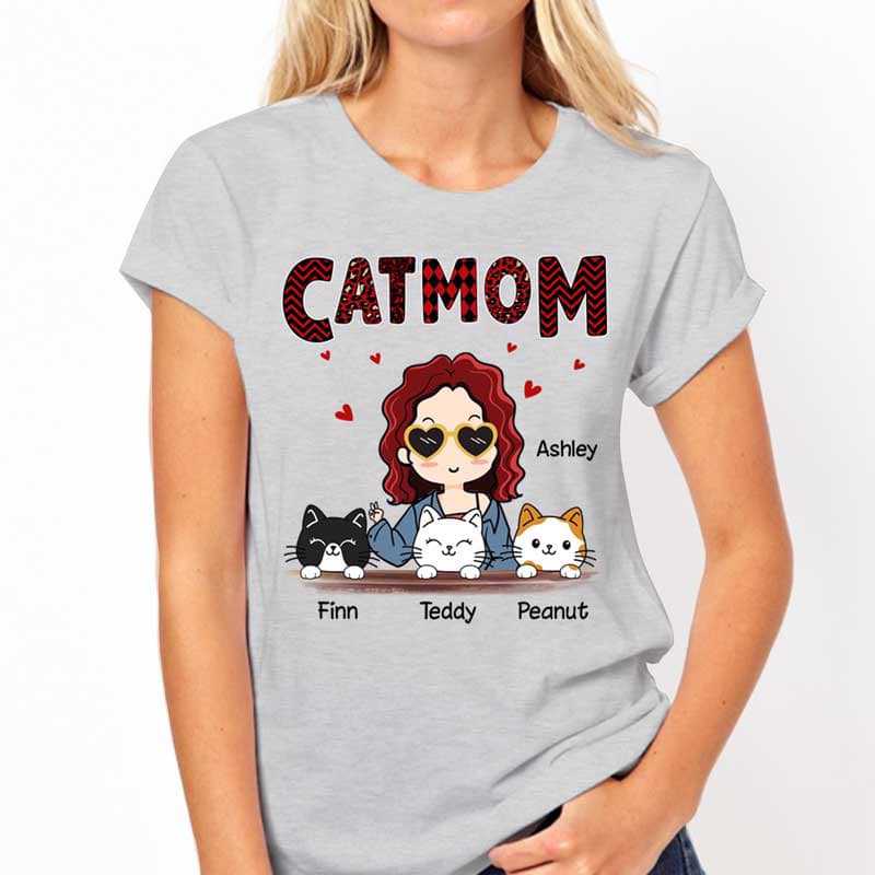 Apparel Cat Mom Red Patterned Chibi Girl Personalized Shirt