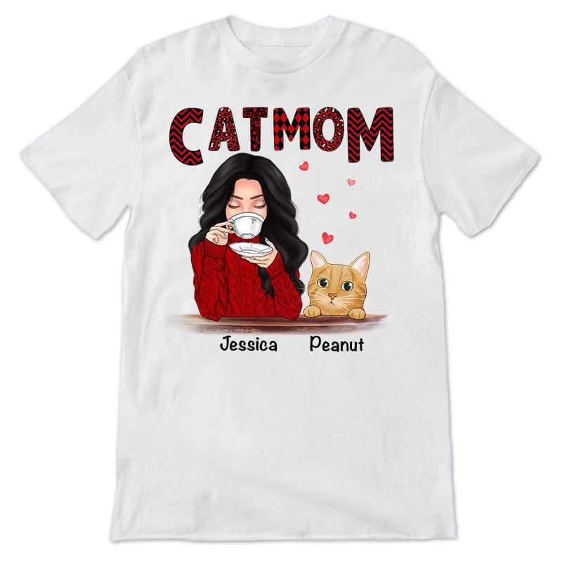 Apparel Cat Mom Red Patterned Personalized Shirt
