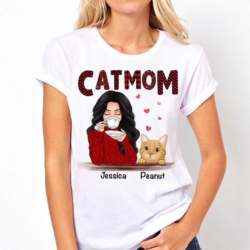 Apparel Cat Mom Red Patterned Personalized Shirt