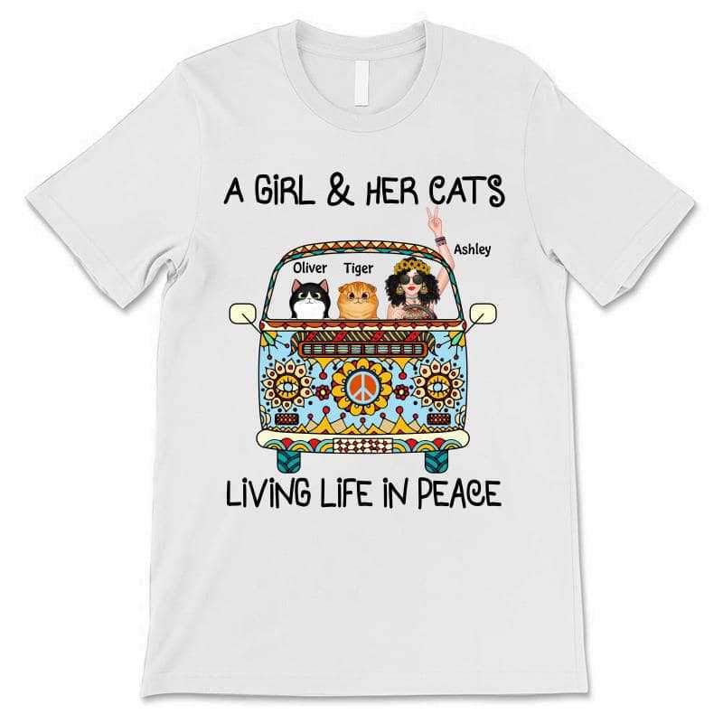 Apparel Girl & Fluffy Cats Living Life In Peace Bohemian Hippie Personalized Shirt