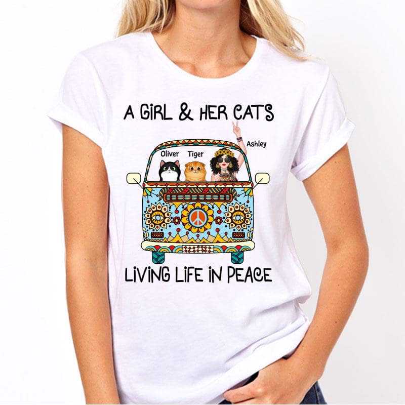 Apparel Girl & Fluffy Cats Living Life In Peace Bohemian Hippie Personalized Shirt