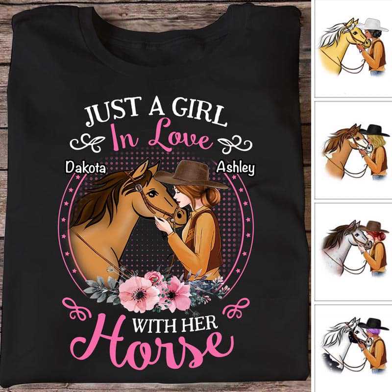 Apparel Girl In Love With Her Horse Floral Personalized Shirt Classic Tee / Black Classic Tee / S