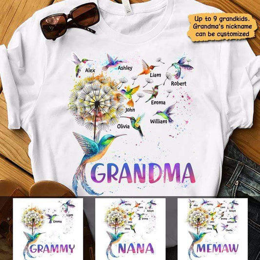 Apparel Grandma Colorful Dandelion Hummingbird Personalized Shirt Classic Tee / White Classic Tee / S