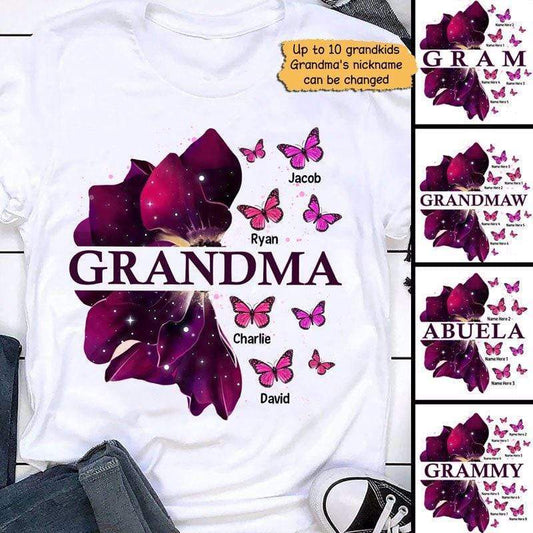 Apparel Grandma Flying Butterflies Purple Flower Personalized Shirt Classic Tee / White Classic Tee / S