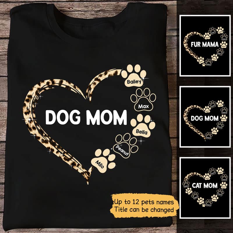 Apparel Leopard Heart Dog Mom Personalized Shirt Classic Tee / Black Classic Tee / S