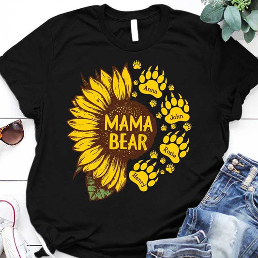 Apparel Mama Bear Paws Sunflower Personalized Shirt Classic Tee / Black Classic Tee / S