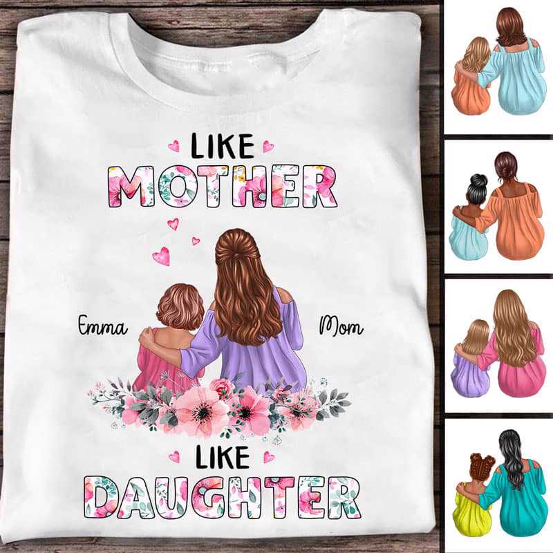 Apparel Mom And Little Daughter Floral Personalized Shirt Classic Tee / White Classic Tee / S