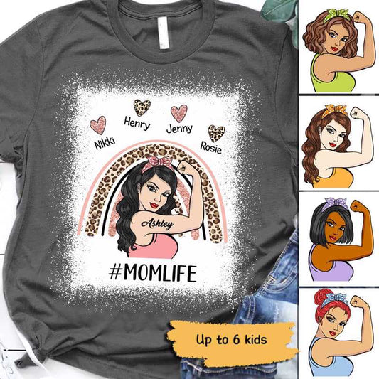 Apparel Mom Life Strong Woman Rainbow Personalized Shirt (Not Real Glitter) Classic Tee / Dark Heather Classic Tee / S