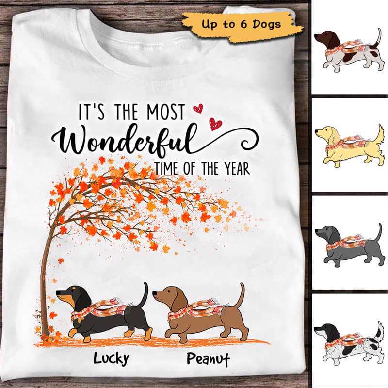 Apparel Most Wonderful Time Fall Season Dachshund Personalized Shirt Classic Tee / White Classic Tee / S
