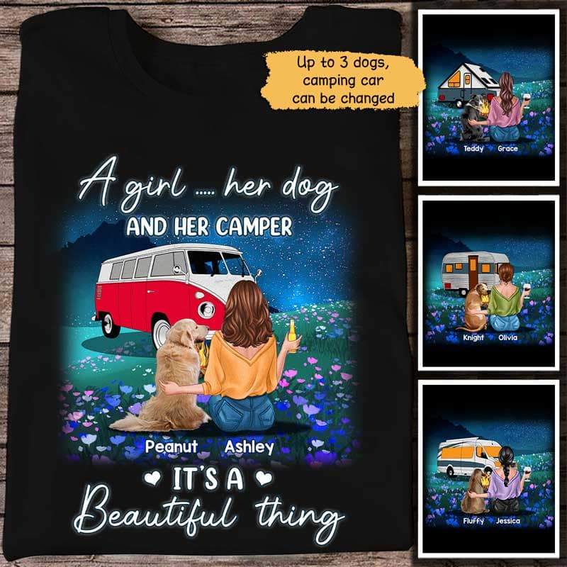 Apparel Night Field A Girl Her Dogs Her Camper Personalized Shirt Classic Tee / Black Classic Tee / S