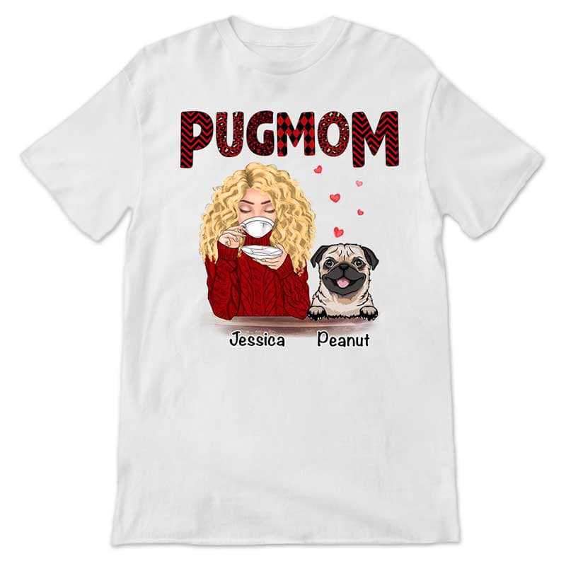 Apparel Pug Mom Red Patterned Dogs Personalized Shirt
