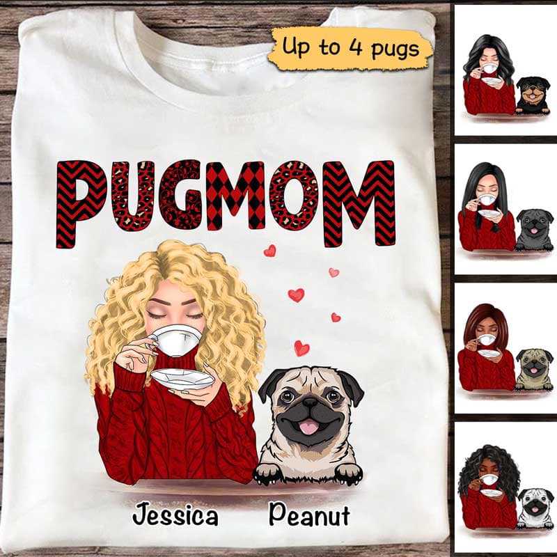 Apparel Pug Mom Red Patterned Dogs Personalized Shirt Classic Tee / White Classic Tee / S