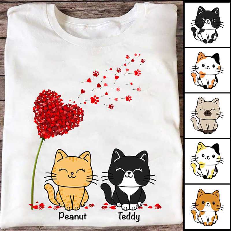 Apparel Red Heart Dandelion Cat Mom Personalized Shirt Classic Tee / White Classic Tee / S