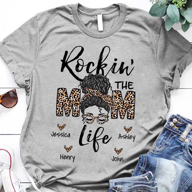 Apparel Rockin The Mom Life Messy Bun Personalized Shirt Classic Tee / Ash Classic Tee / S