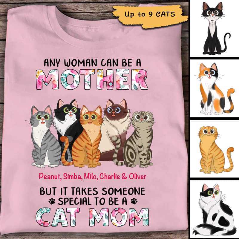 Apparel Special Cat Mom Sitting Cat Cartoon Floral Personalized Shirt Classic Tee / Light Pink Classic Tee / S