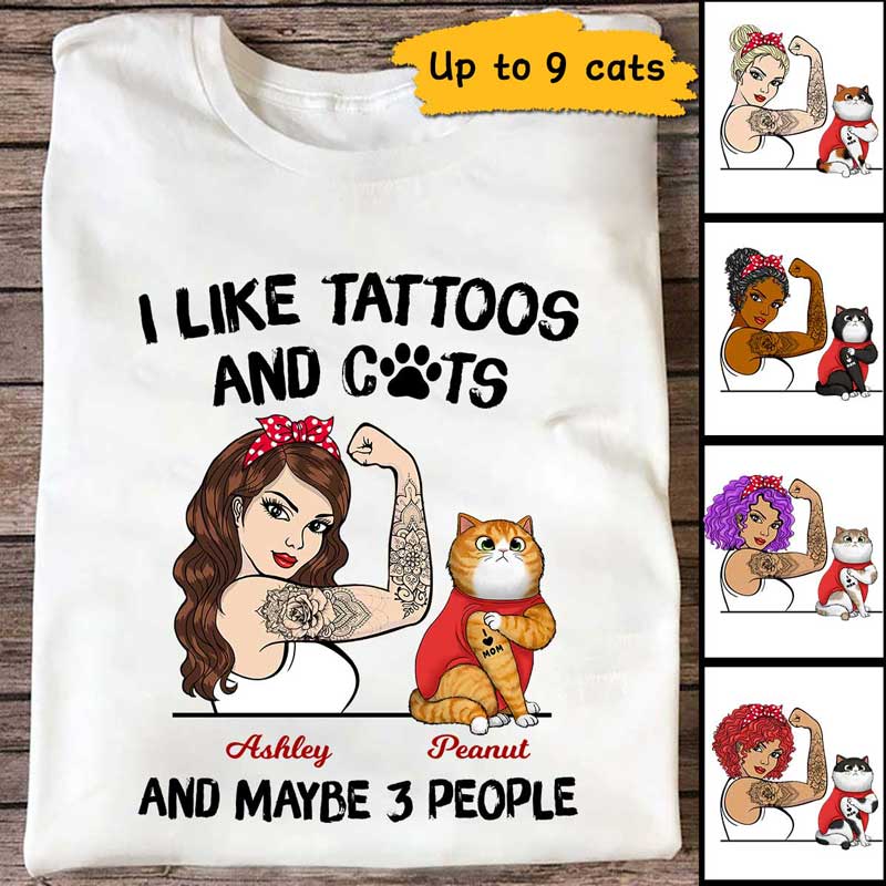 Apparel Tattoo Cat Mom Like Cats And 3 People Personalized Shirt Classic Tee / White Classic Tee / S
