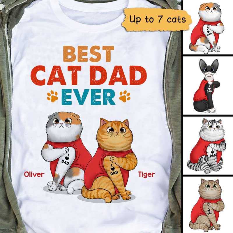 Apparel Tattoo Fluffy Cats Best Cat Dad Personalized Shirt Classic Tee / White Classic Tee / S