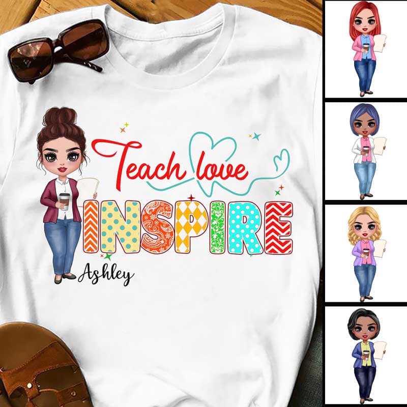 Apparel Teach Love Inspire Heart Pattern Doll Teacher Personalized Shirt Classic Tee / White Classic Tee / S