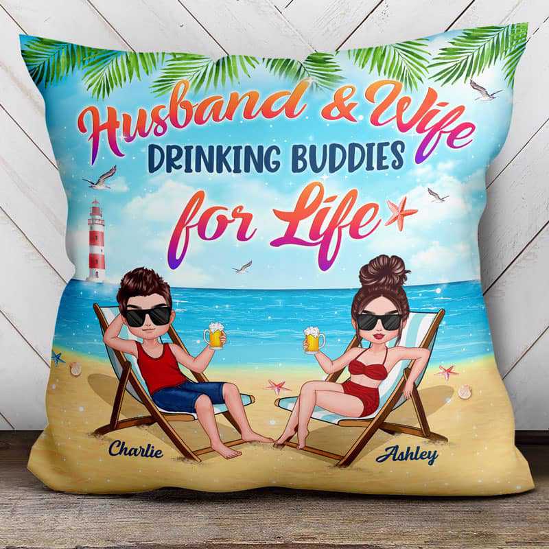 Couple Husband Wife Drinking Buddies Personalized Pillow (Insert Included)