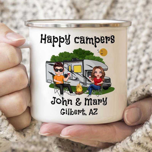Campfire Mug Happy Camper Campsite Doll Friends Couple Single Personalized Campfire Mug 12oz