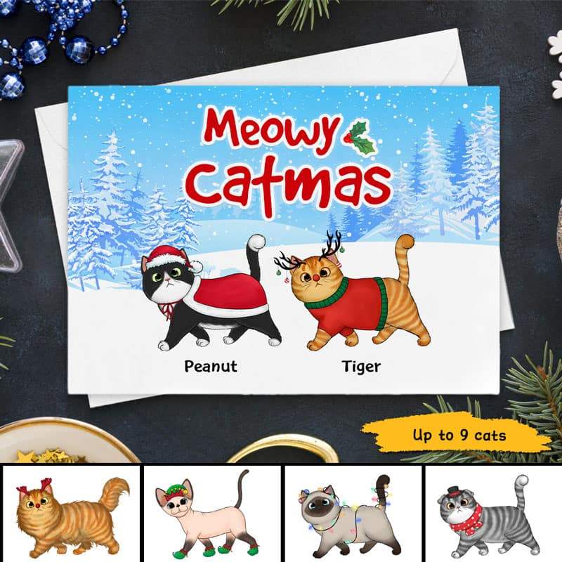 Cards Fluffy Cat Walking In Winter Wonderland Personalized Cards 7x5 / 1 Card