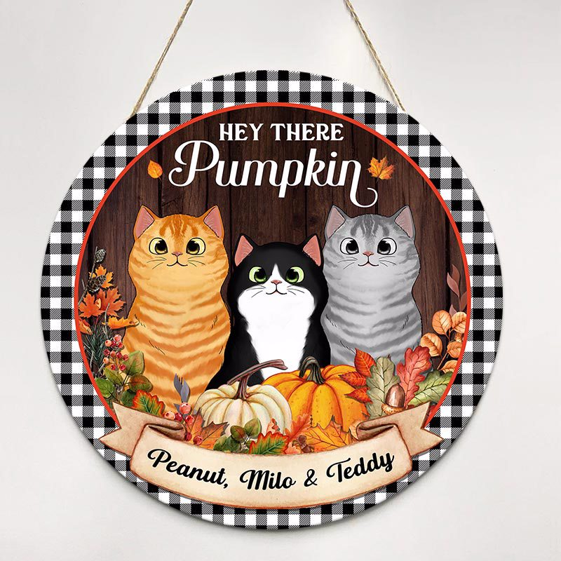 Fall Season Wreath Fluffy Cats Personalized Door Hanger Sign