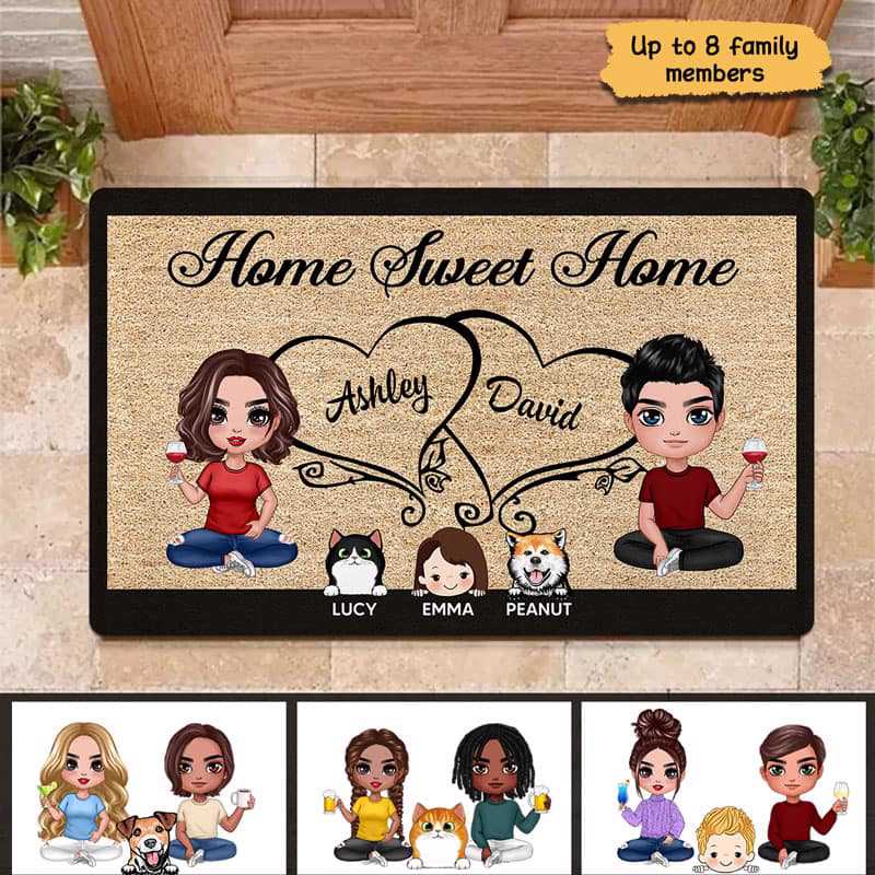 Doll Couple Kids Dogs Cats Sitting Home Sweet Home Personalized Doormat