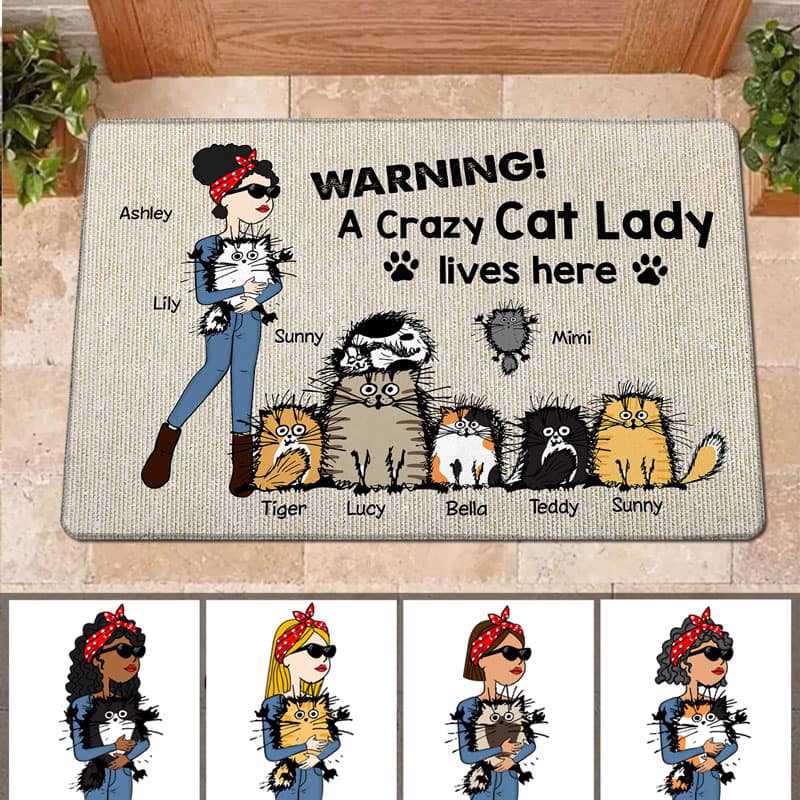 Doormat Crazy Cat Lady Live Here Stick Woman & Cat Personalized Doormat 18x30